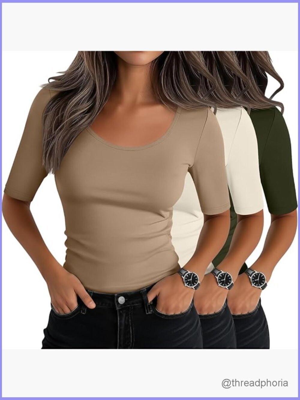 3 Pack Women's Scoop Neck Half Sleeve Slim Fitted Cotton Blend Stretch Tees